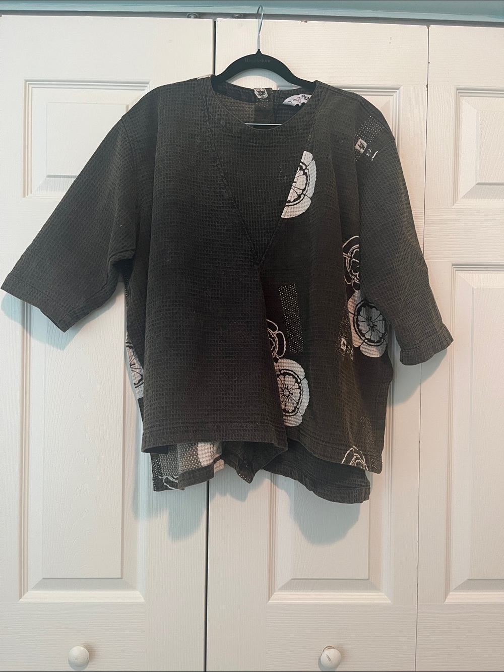 Dark Gray Floral Patchwork Waffle-Knit Boxy Top